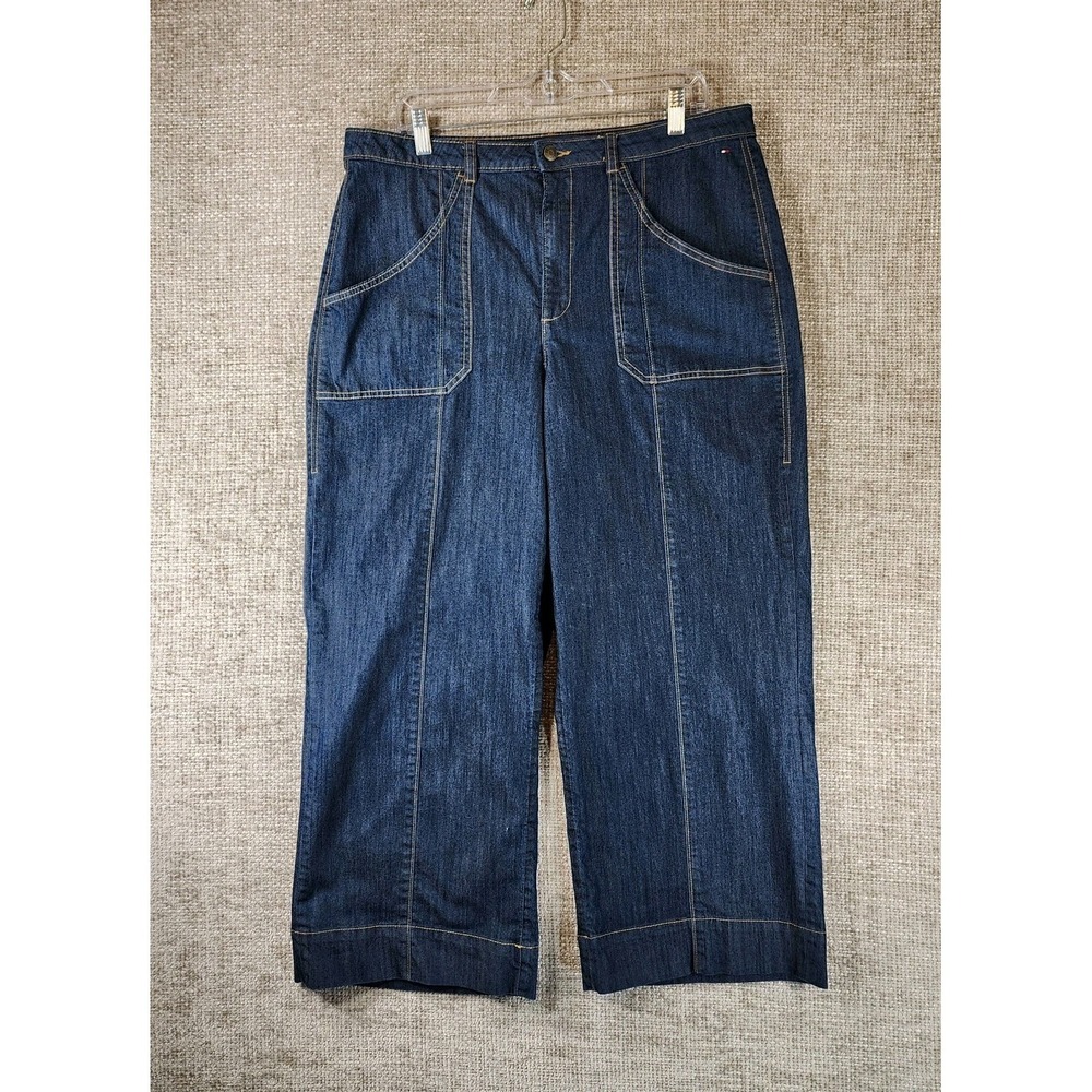 Tommy Hilfiger Cropped Wide Leg Jeans Womens 16 Blue Stretch Denim Bold Stitch